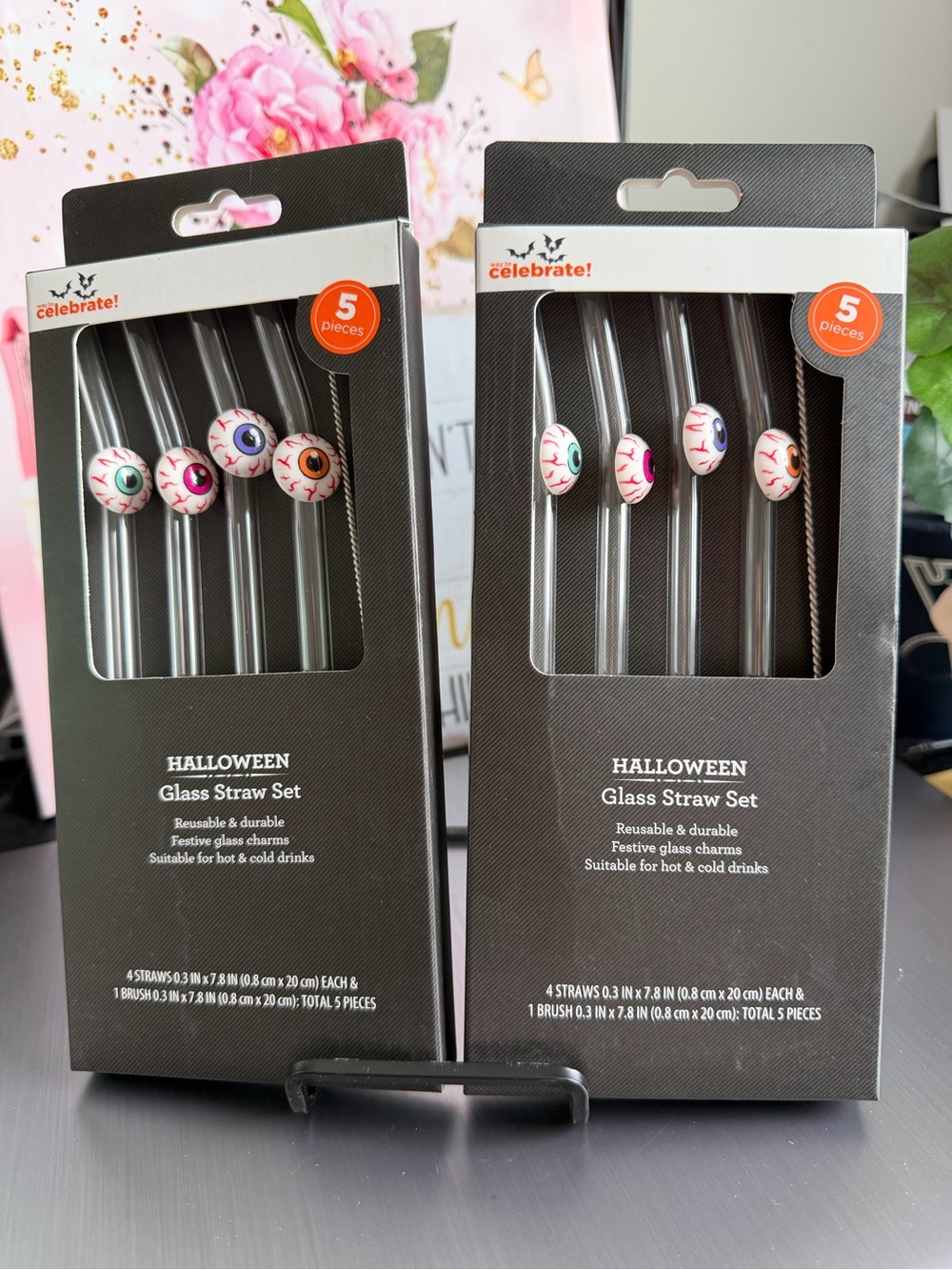 Halloween Glass straw set with eyeball charms and cleaning brush NIB